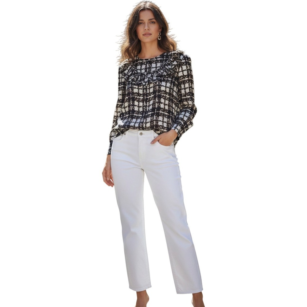 J.Crew Collection 100% Silk Plaid Ruffle‎ Neck Blouse Black White M